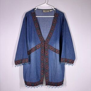 Glee Denim Embroidered Open Front Kimono with Jeweled Details Size 2XL